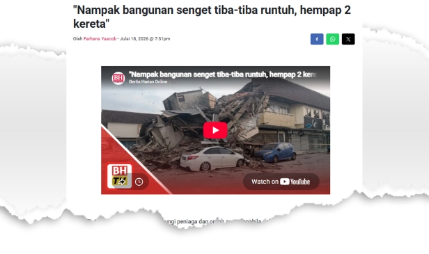 Rumah kedai runtuh di Kota Laksamana: Bomba sahkan tiada mangsa terperangkap