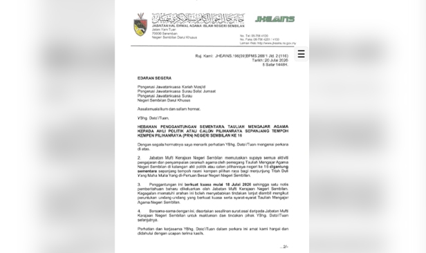 Tauliah mengajar agama calon PRN Negeri Sembilan, ahli politik digantung sementara sepanjang kempen