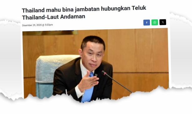 Projek mega jambatan darat Teluk Thailand-Laut Andaman bernilai 1 trilion baht dicadang batal